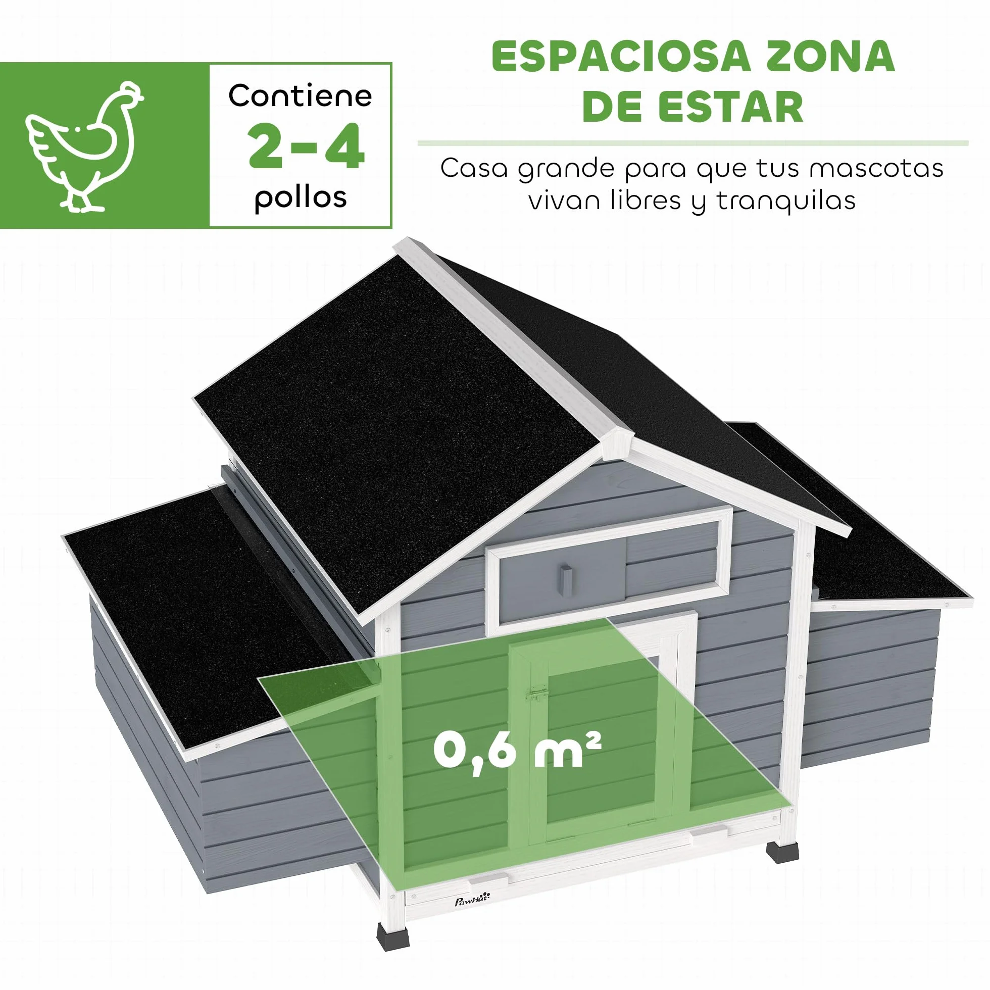 PawHut Gallinero de Madera para Exterior, 2 Nidos, Bandeja Extraíble, Perchas, Techo Impermeable, 150x100x96,5 cm, Gris