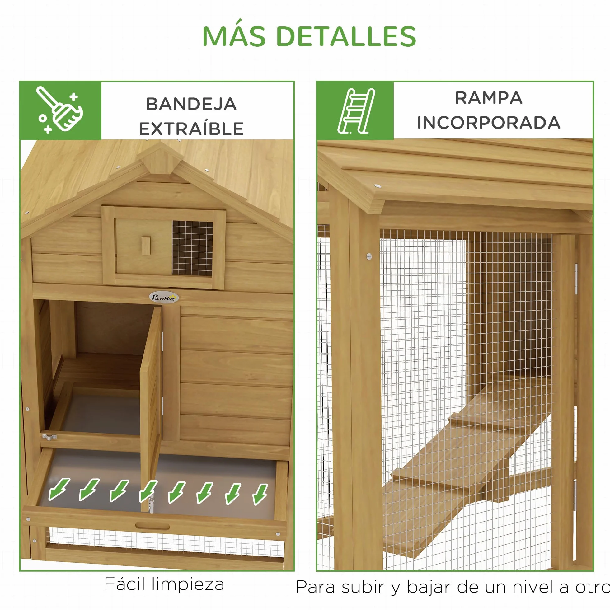 PawHut Gallinero de Madera para Exterior XXL con 2 Corrales, Caja Nido, Bandeja Extraíble 151,5x54x87 cm