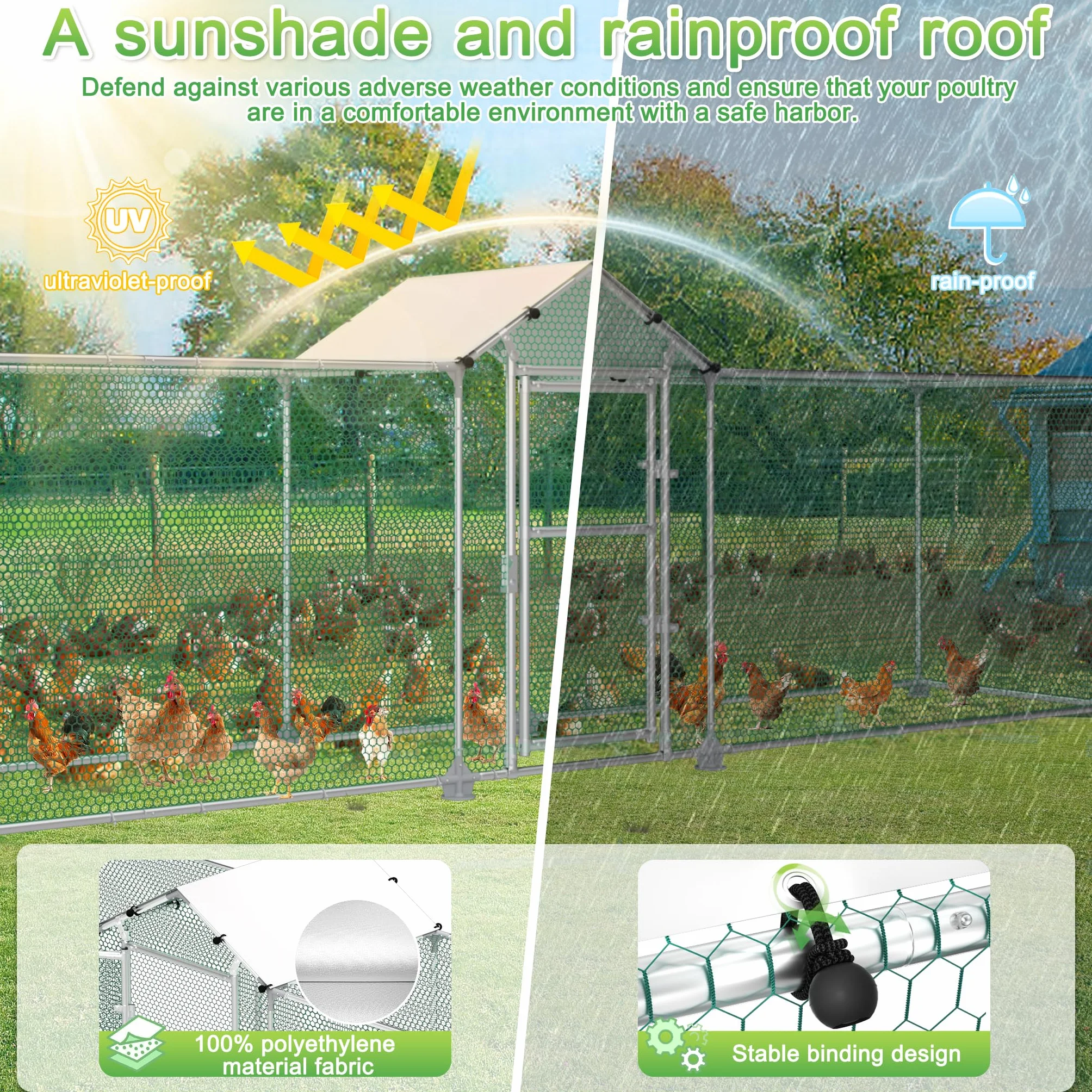 FIVMEN Recinto para gallinas de metal 5 x 1 m con protección solar techo puerta y cerrojo