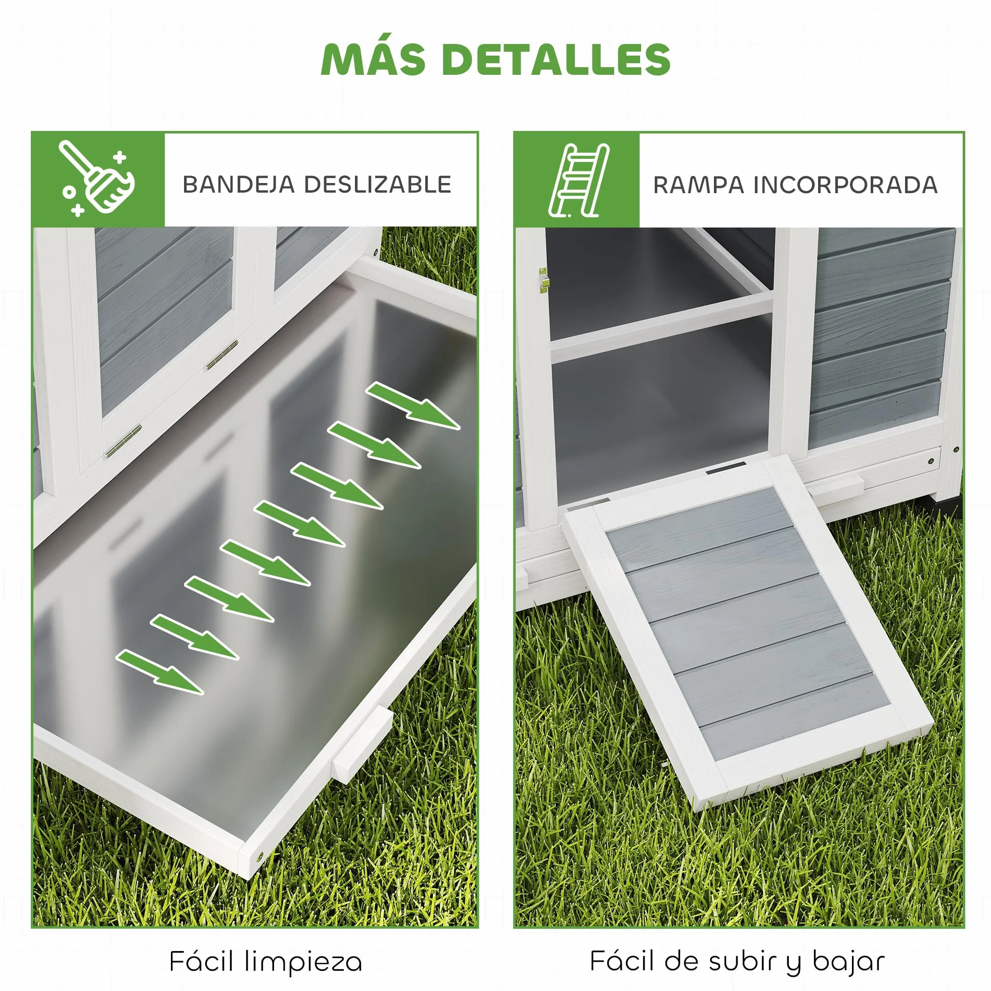 PawHut Gallinero de Madera para Exterior, 2 Nidos, Bandeja Extraíble, Perchas, Techo Impermeable, 150x100x96,5 cm, Gris
