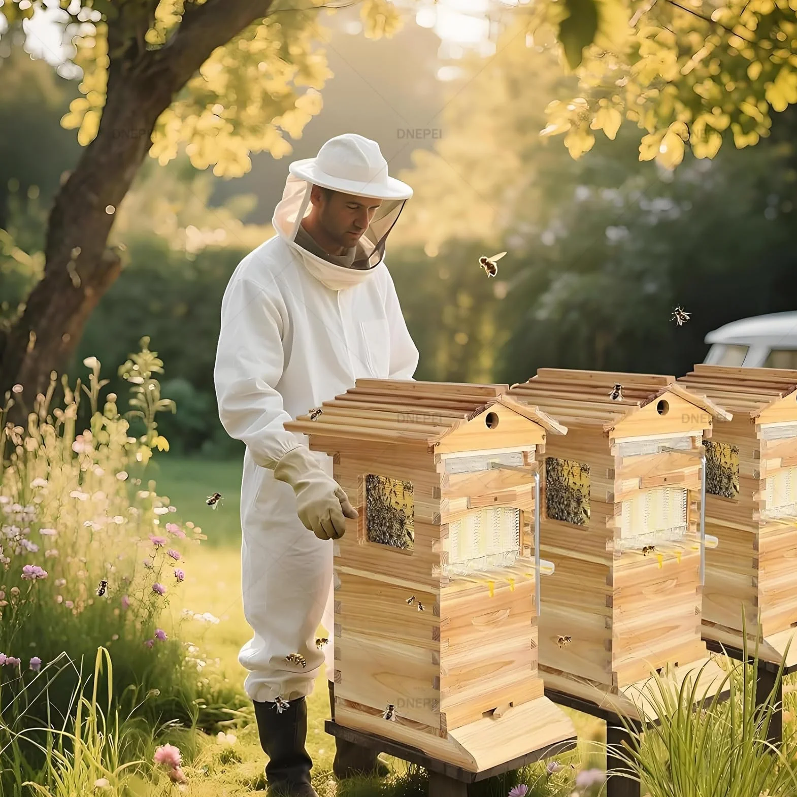 Kit completo de colmena de abejas con ventana de observación y grifo de miel, incluye casa de abejas carpinteras para jardines favorables para los polinizadores