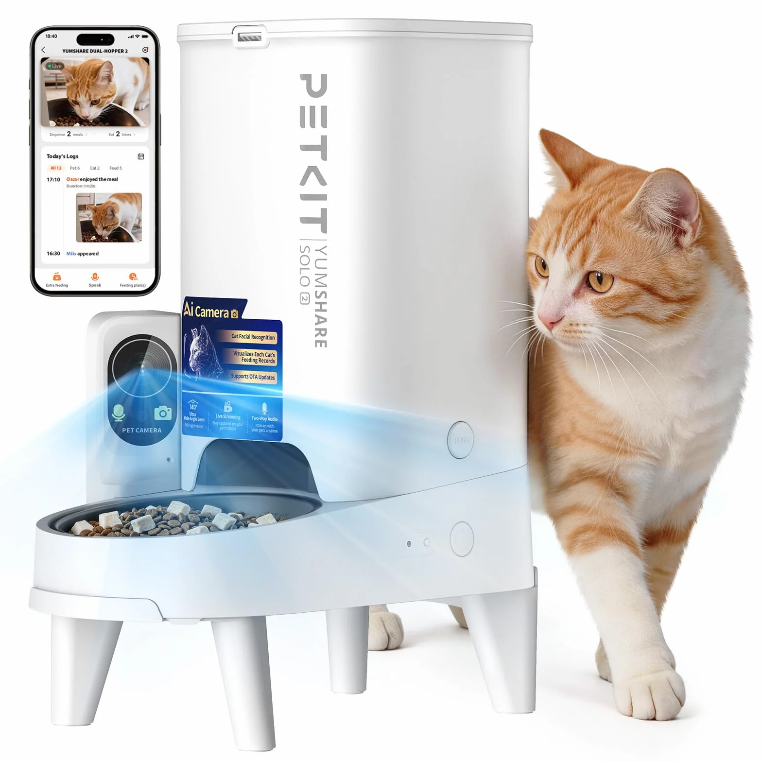 PETKIT Nuevo Comedero Gato Automatico con Cámara, Reconocimiento de Varios Gatos, 2.4G & 5GHz WiFi, 3L Dispensador Comida Gatos/Perros, 1080P HD, Función AI, App Control, Cuenco de Acero Inoxidable