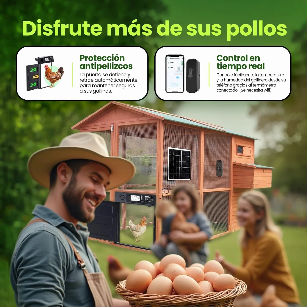 Puerta gallinero automatica Solar con batería 5000 mAh, Mando a Distancia, Aluminio Resistente, 7 Modos Apertura, Impermeable IP45, Alarma integrada y termómetro/higrómetro Conectado