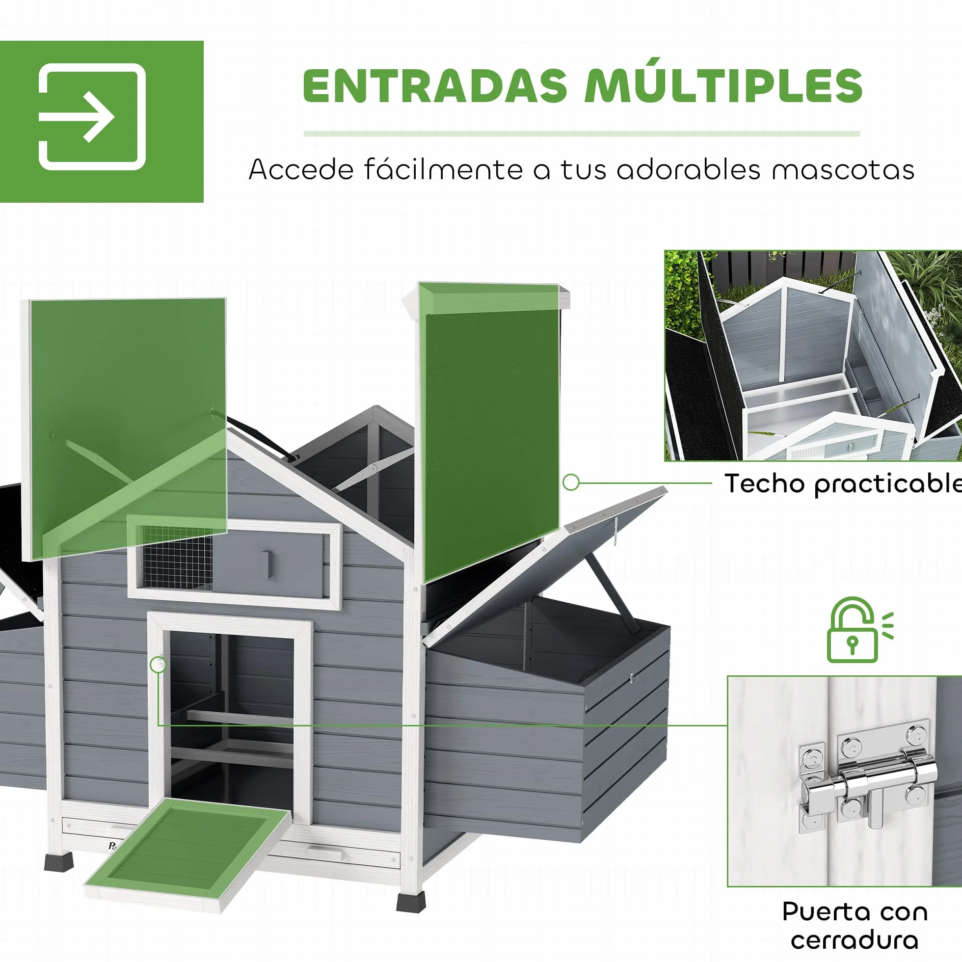 PawHut Gallinero de Madera para Exterior, 2 Nidos, Bandeja Extraíble, Perchas, Techo Impermeable, 150x100x96,5 cm, Gris
