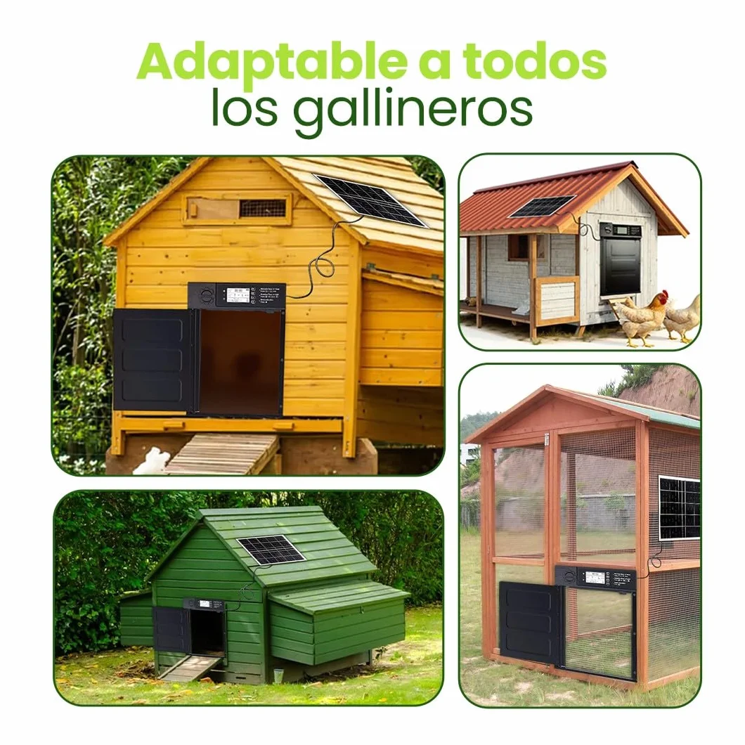 Puerta gallinero automatica Solar con batería 5000 mAh, Mando a Distancia, Aluminio Resistente, 7 Modos Apertura, Impermeable IP45, Alarma integrada y termómetro/higrómetro Conectado