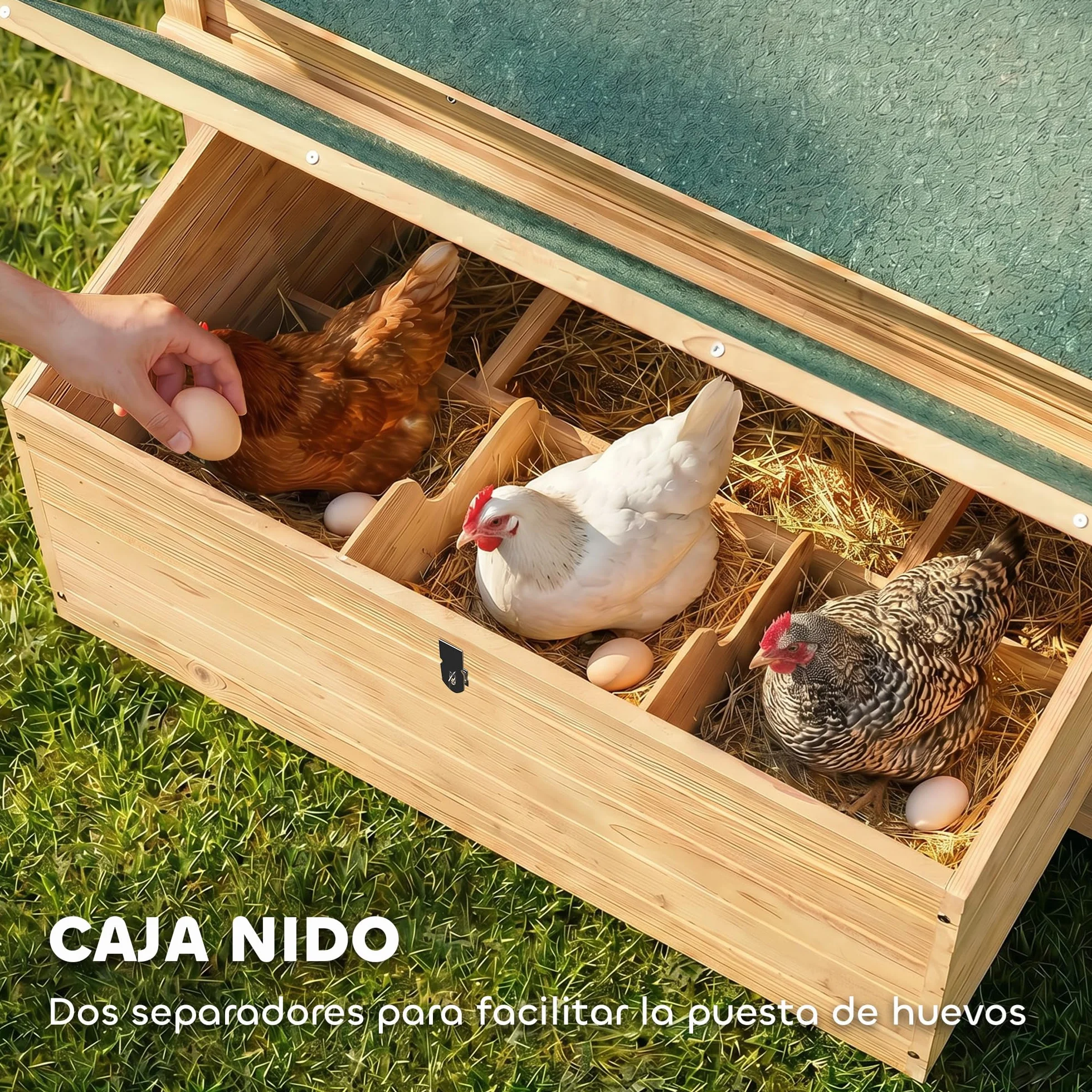 PawHut Gallinero de Madera para Exterior, 2 Nidos, Bandeja Extraíble, Techo Impermeable, 150x100x96,5 cm, Amarillo