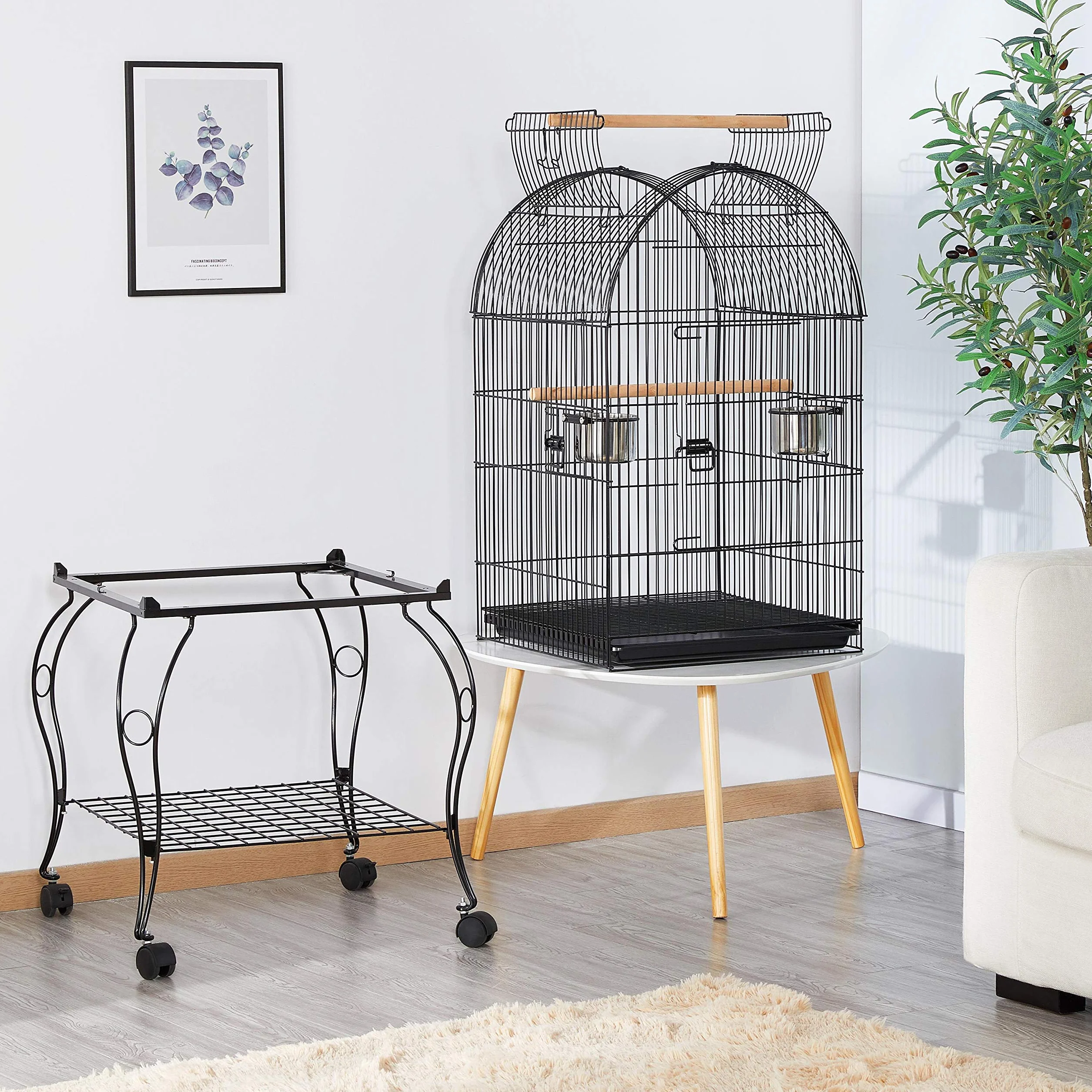 Yaheetech Jaula de Pájaros Jaula con Ruedas Jaula para Loros Canarios Jaula con Perchas para Pájaros 59 x 59 x 150 cm - Metal - Negro