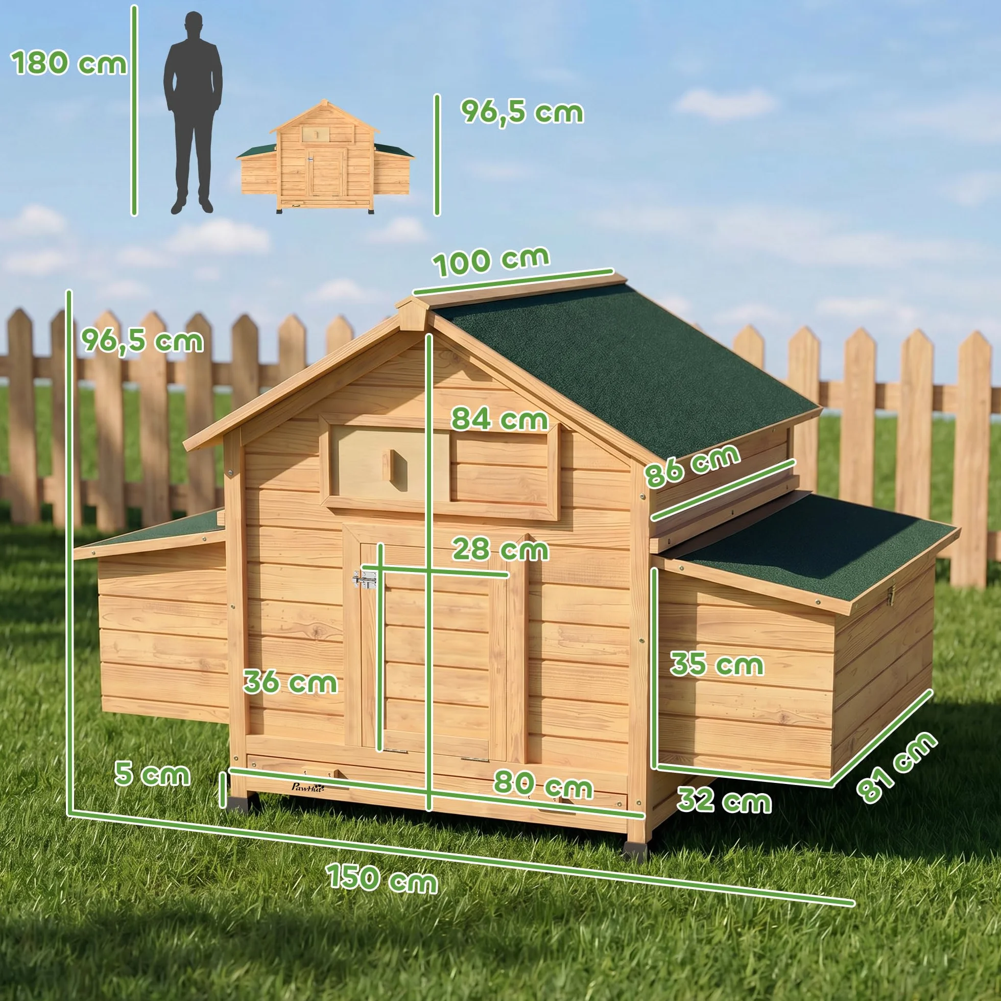 PawHut Gallinero de Madera para Exterior, 2 Nidos, Bandeja Extraíble, Techo Impermeable, 150x100x96,5 cm, Amarillo