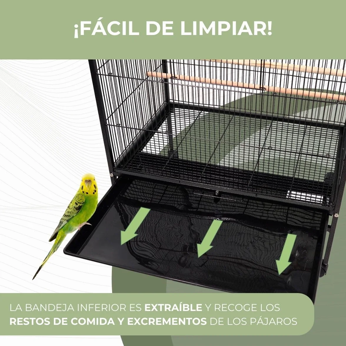 Mobiclinic®, Jaula de Pájaros, XL, con Ruedas, Frenos, Apertura Superior, Bandeja Extraíble, 8 Puertas, Grande, 95x43x61.5 cm, Comederos, Bebederos, Perchas Descanso, Agapornis, Loros, NINFA