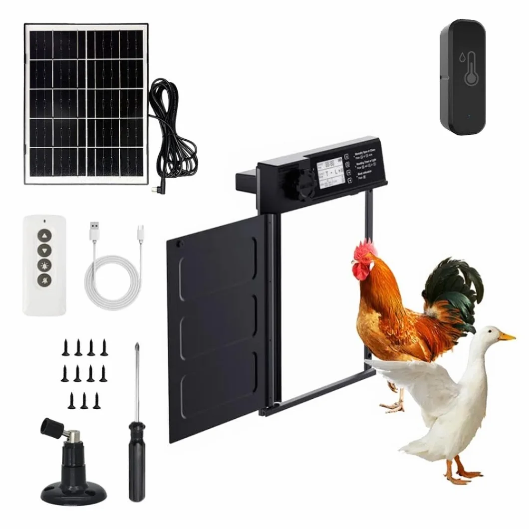 Puerta gallinero automatica Solar con batería 5000 mAh, Mando a Distancia, Aluminio Resistente, 7 Modos Apertura, Impermeable IP45, Alarma integrada y termómetro/higrómetro Conectado