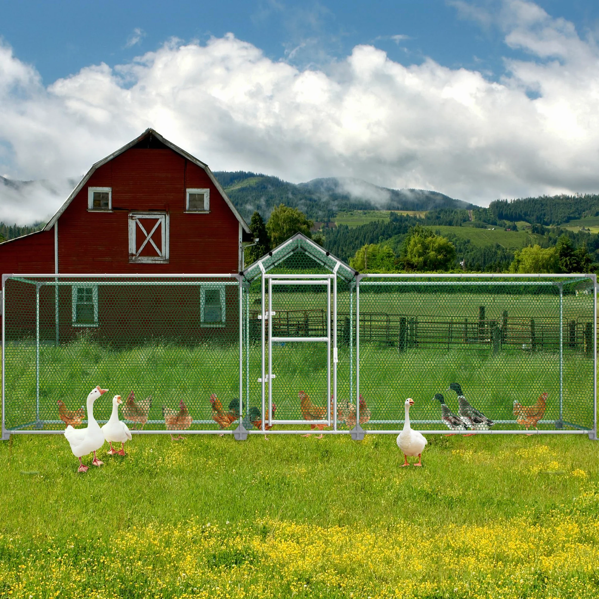 FIVMEN Recinto para gallinas de metal 5 x 1 m con protección solar techo puerta y cerrojo