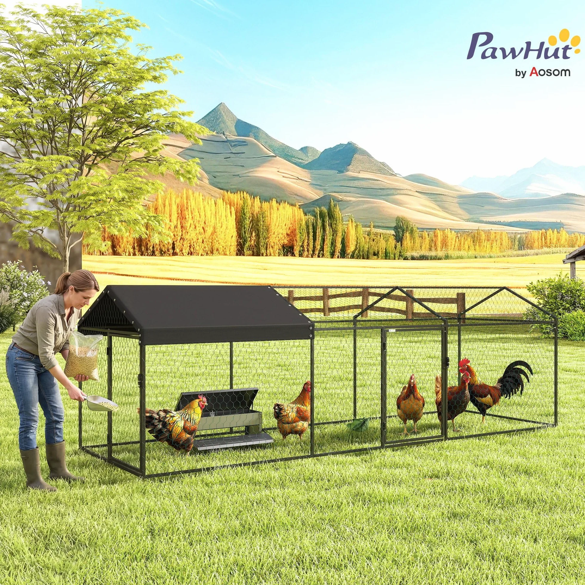PawHut Gallinero Exterior Grande 3x1x1 m Metálico Cubierta Tela Oxford Anti-UV Impermeable 2 Puertas Cerradura Jaula 3-5 Gallinas Negro