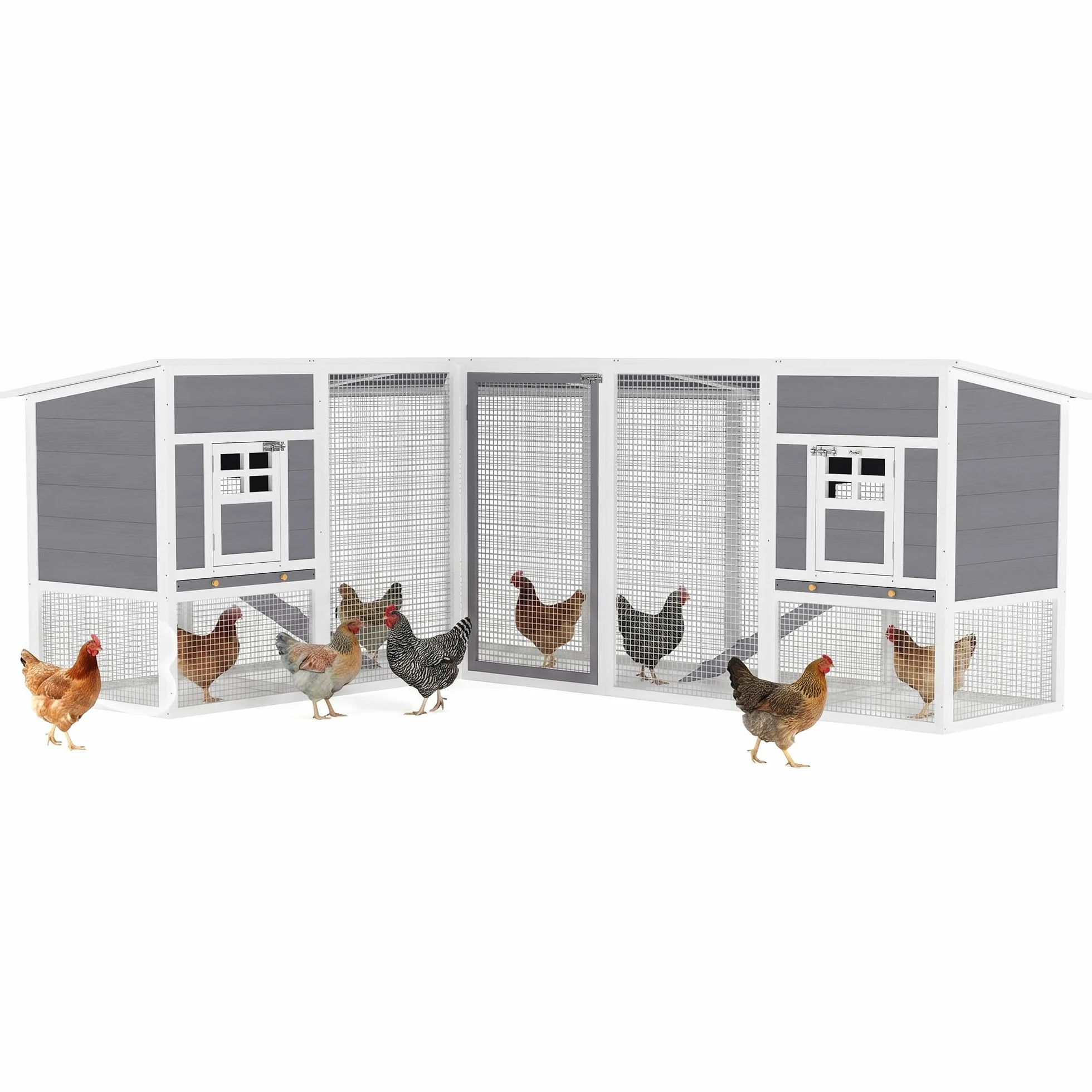 PawHut Gallinero de Madera Grande Exterior, Jaula para Gallinas en L para Esquina, 2 Nidos, Corral, Bandejas Extraíbles, Techo de Pet, Rampas, 251x192x103 cm, Gris