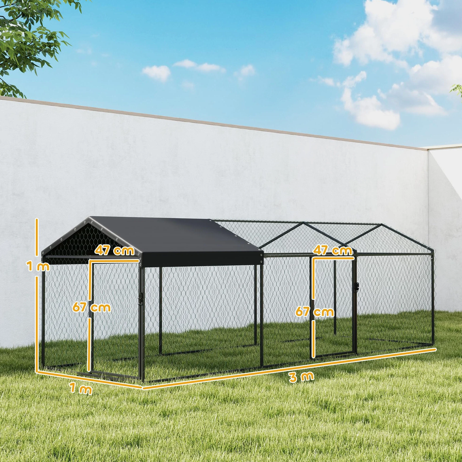 PawHut Gallinero Exterior Grande 3x1x1 m Metálico Cubierta Tela Oxford Anti-UV Impermeable 2 Puertas Cerradura Jaula 3-5 Gallinas Negro