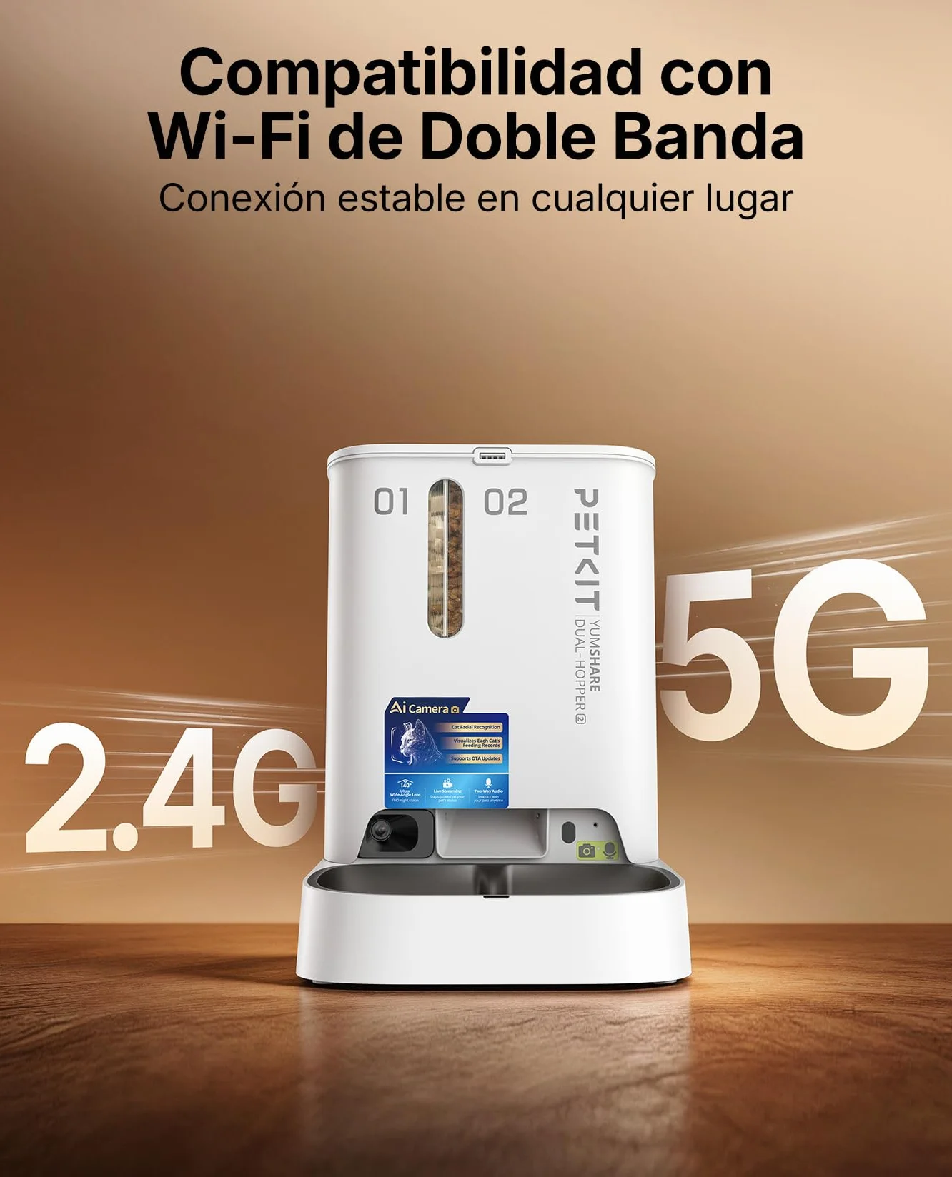 PETKIT Nuevo Comedero Gato Automatico con Cámara, Reconocimiento de Varios Gatos, 2.4G & 5GHz WiFi, Doble Tolva 5L Dispensador Comida Gatos/Perros, 1080P HD, Función AI, Cuenco de Acero Inoxidable