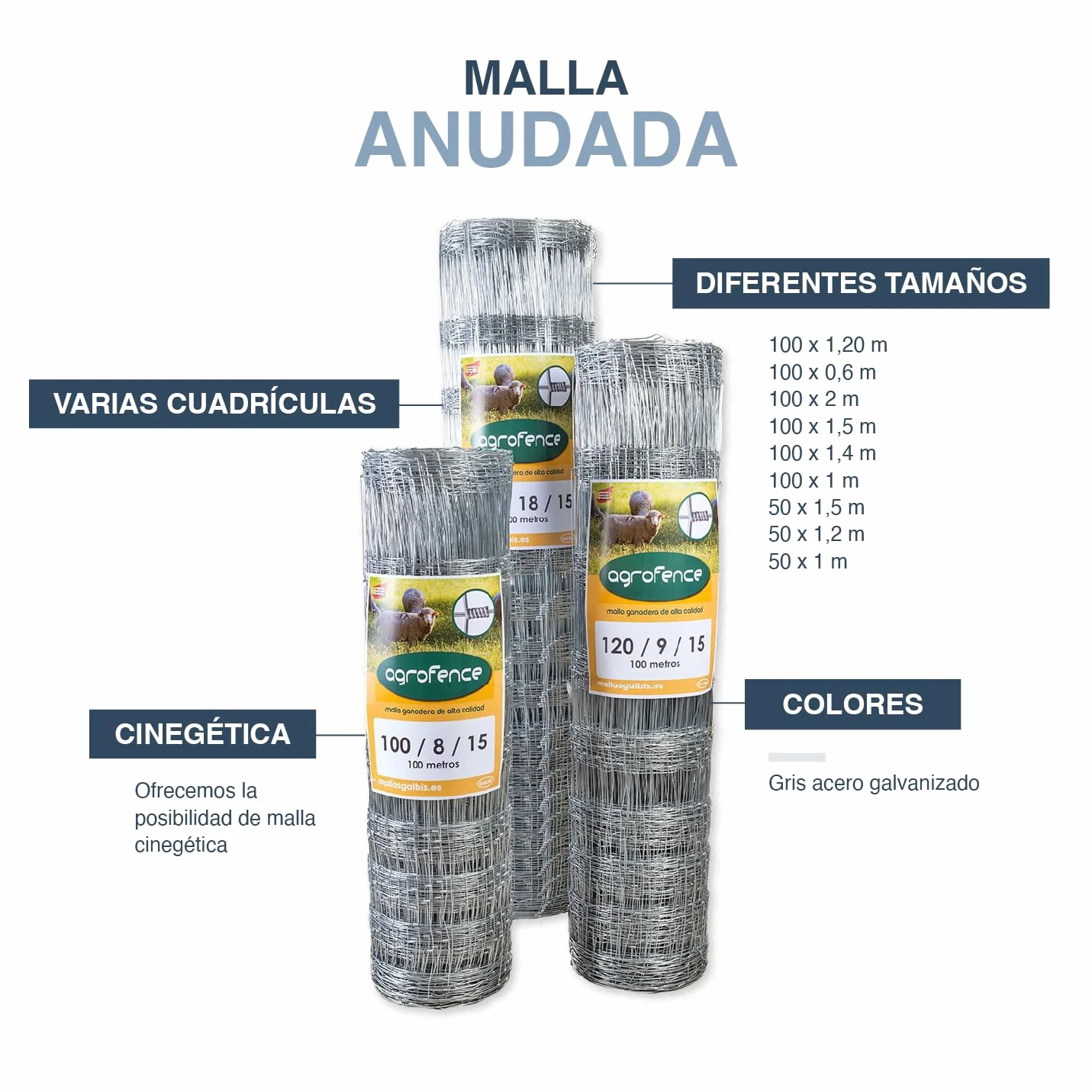 Malla Anudada Agrofence 120/9/30 | Rollo de: 100m | Color: Gris | Diámetro: 2.4mm