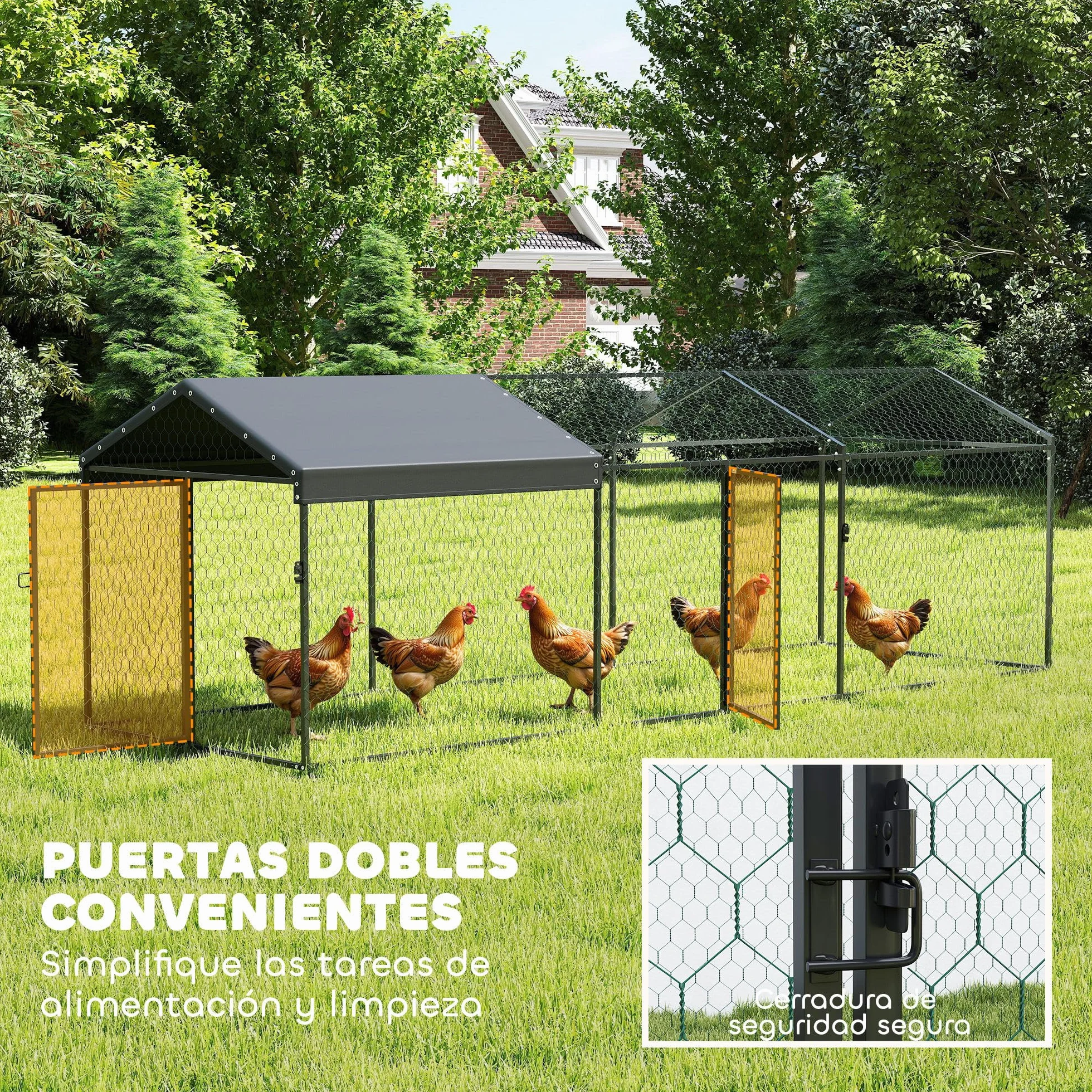 PawHut Gallinero Exterior Grande 3x1x1 m Metálico Cubierta Tela Oxford Anti-UV Impermeable 2 Puertas Cerradura Jaula 3-5 Gallinas Negro