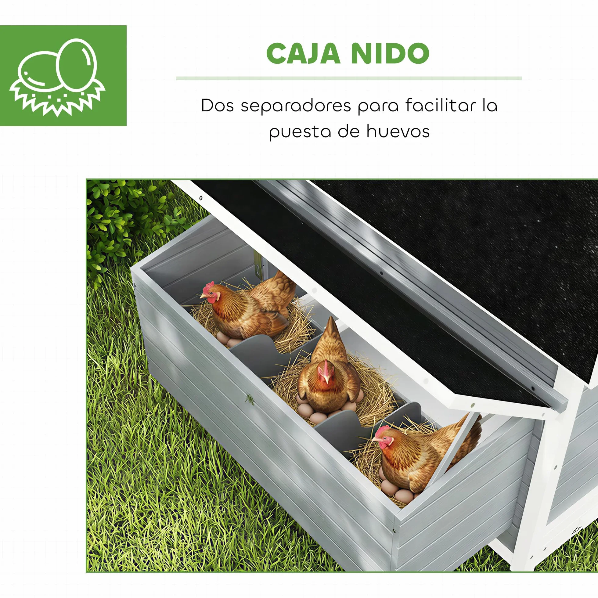 PawHut Gallinero de Madera para Exterior, 2 Nidos, Bandeja Extraíble, Perchas, Techo Impermeable, 150x100x96,5 cm, Gris