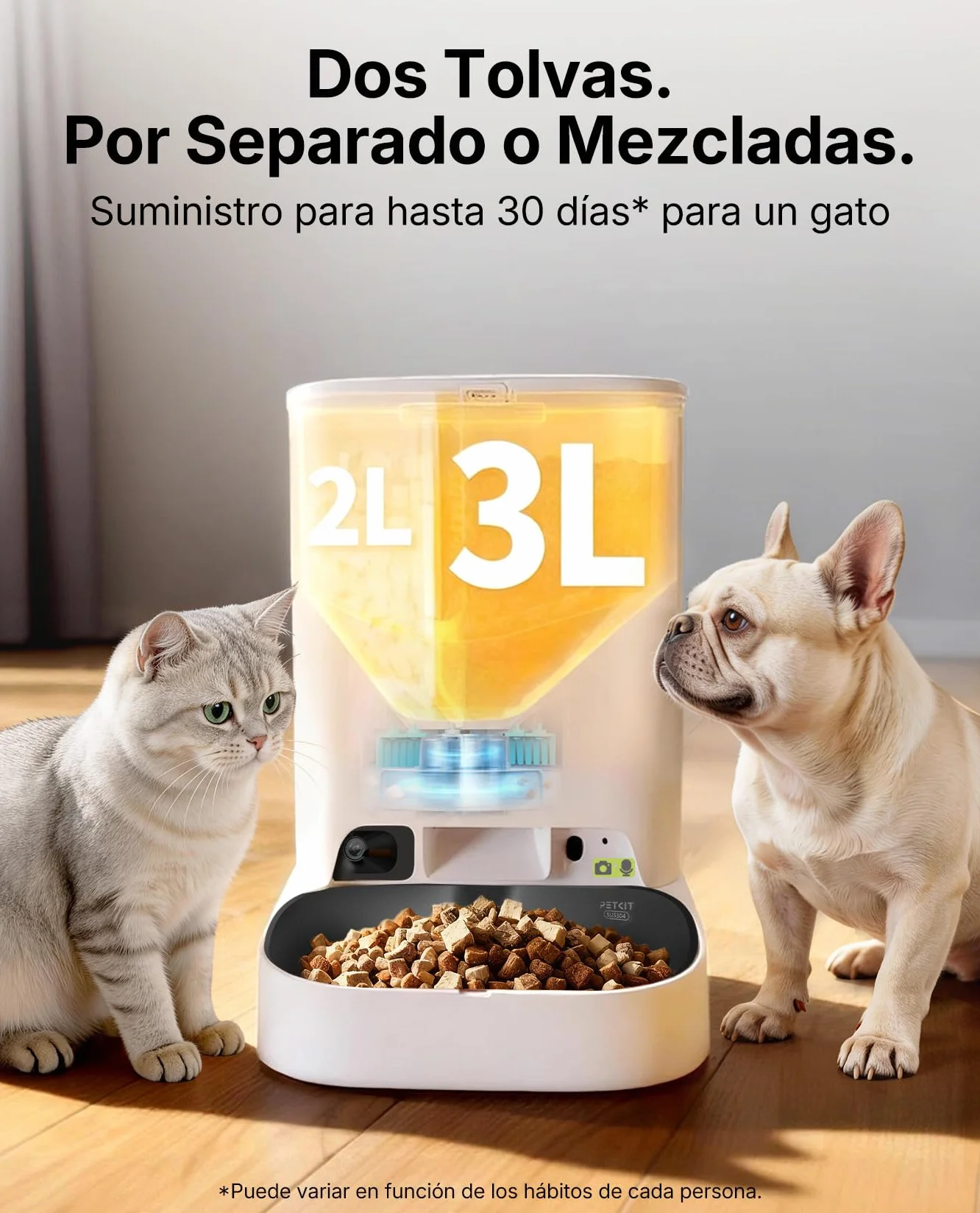 PETKIT Nuevo Comedero Gato Automatico con Cámara, Reconocimiento de Varios Gatos, 2.4G & 5GHz WiFi, Doble Tolva 5L Dispensador Comida Gatos/Perros, 1080P HD, Función AI, Cuenco de Acero Inoxidable