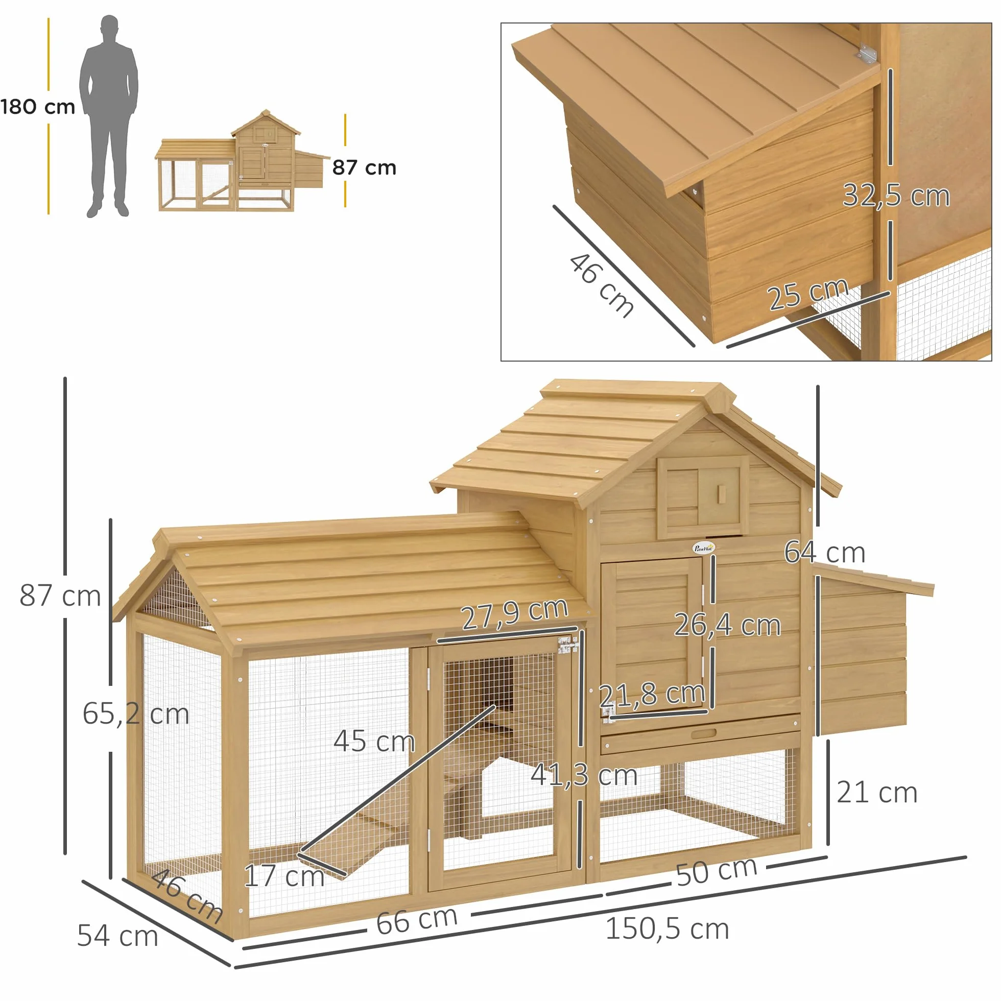 PawHut Gallinero de Madera para Exterior XXL con 2 Corrales, Caja Nido, Bandeja Extraíble 151,5x54x87 cm