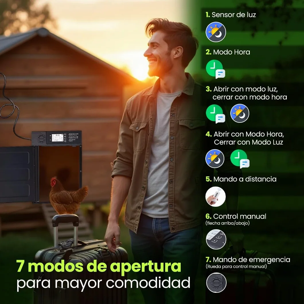 Puerta gallinero automatica Solar con batería 5000 mAh, Mando a Distancia, Aluminio Resistente, 7 Modos Apertura, Impermeable IP45, Alarma integrada y termómetro/higrómetro Conectado