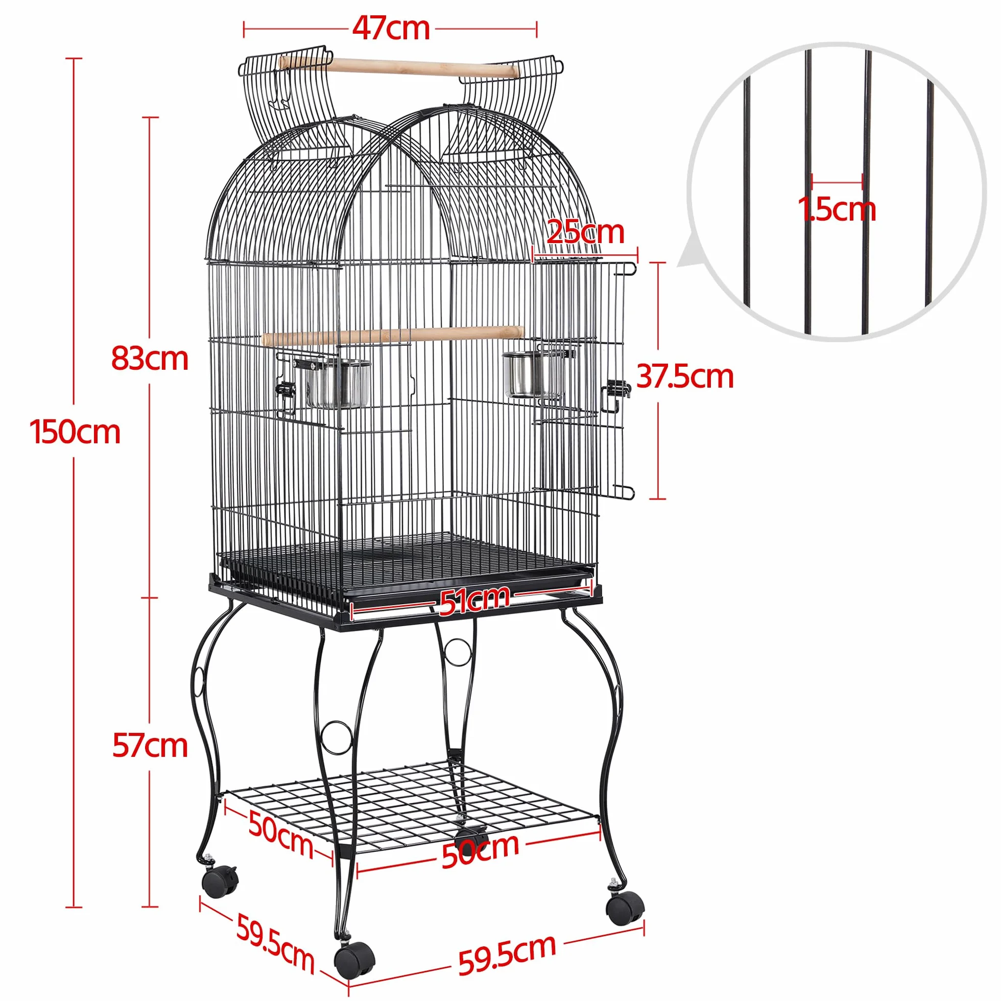 Yaheetech Jaula de Pájaros Jaula con Ruedas Jaula para Loros Canarios Jaula con Perchas para Pájaros 59 x 59 x 150 cm - Metal - Negro