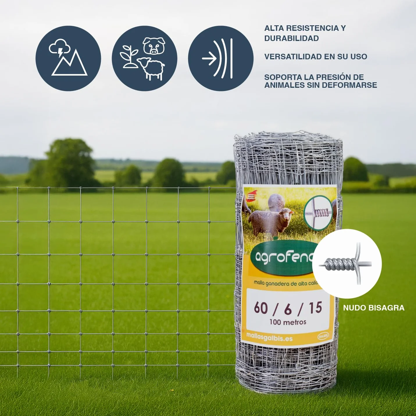 Malla Anudada Agrofence 120/9/30 | Rollo de: 100m | Color: Gris | Diámetro: 2.4mm