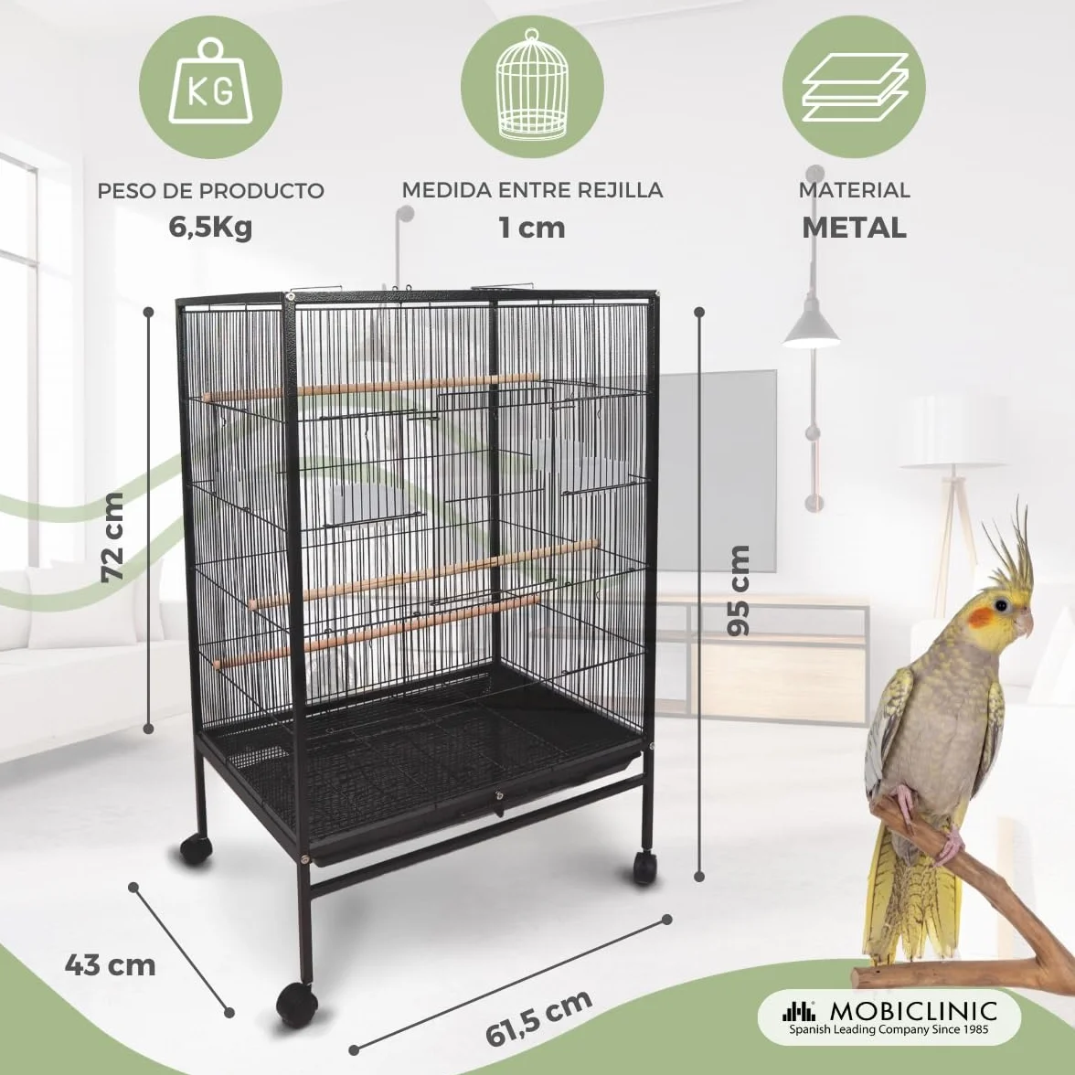 Mobiclinic®, Jaula de Pájaros, XL, con Ruedas, Frenos, Apertura Superior, Bandeja Extraíble, 8 Puertas, Grande, 95x43x61.5 cm, Comederos, Bebederos, Perchas Descanso, Agapornis, Loros, NINFA