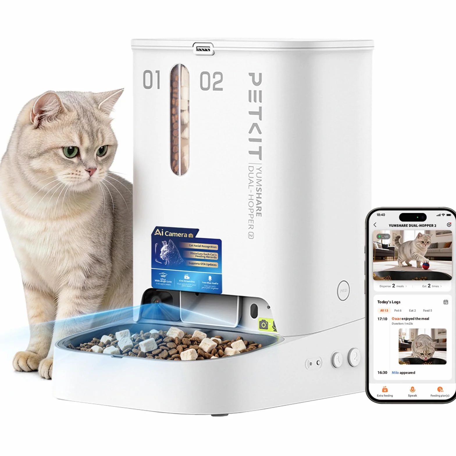 PETKIT Nuevo Comedero Gato Automatico con Cámara, Reconocimiento de Varios Gatos, 2.4G & 5GHz WiFi, Doble Tolva 5L Dispensador Comida Gatos/Perros, 1080P HD, Función AI, Cuenco de Acero Inoxidable