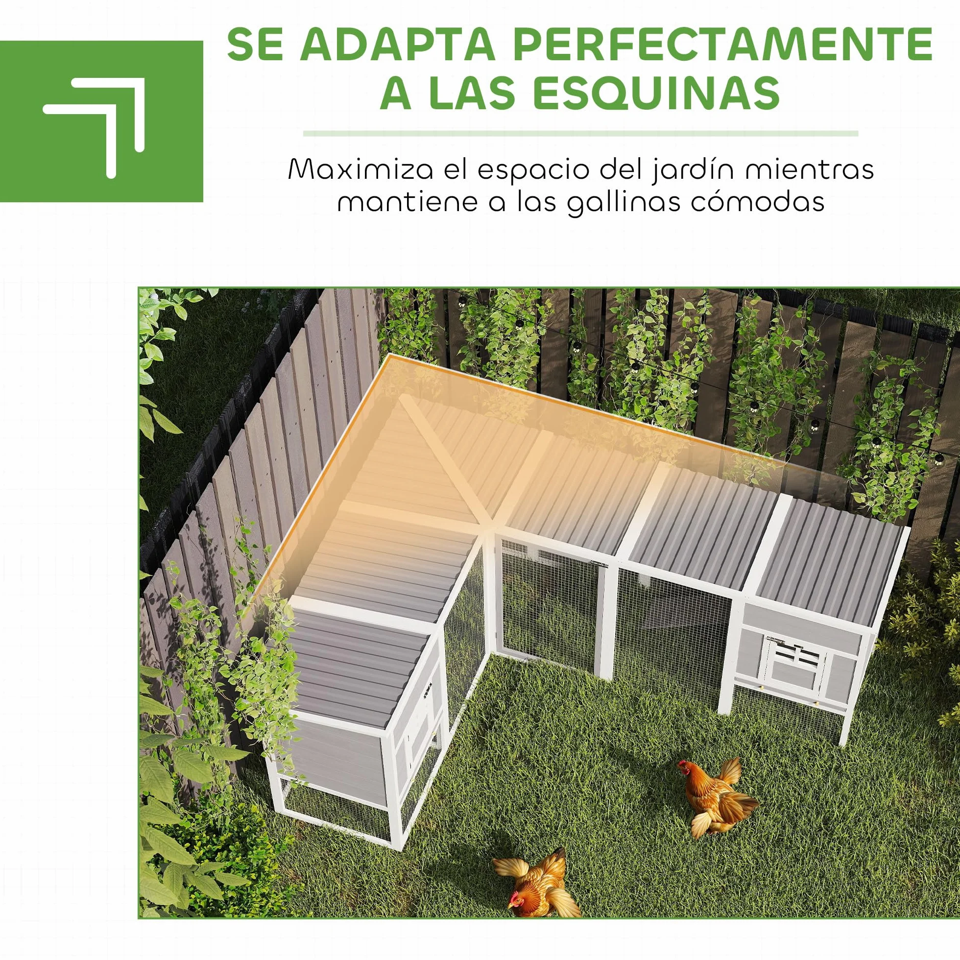 PawHut Gallinero de Madera Grande Exterior, Jaula para Gallinas en L para Esquina, 2 Nidos, Corral, Bandejas Extraíbles, Techo de Pet, Rampas, 251x192x103 cm, Gris