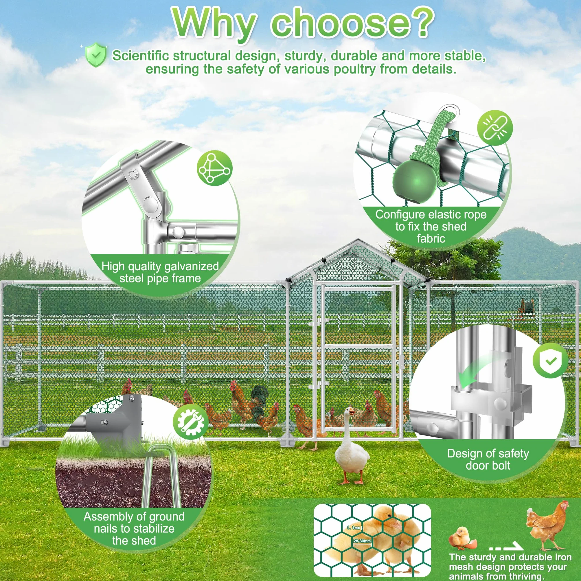 FIVMEN Recinto para gallinas de metal 5 x 1 m con protección solar techo puerta y cerrojo