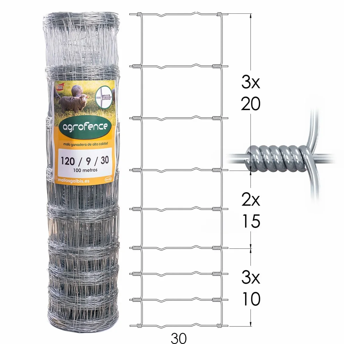 Malla Anudada Agrofence 120/9/30 | Rollo de: 100m | Color: Gris | Diámetro: 2.4mm