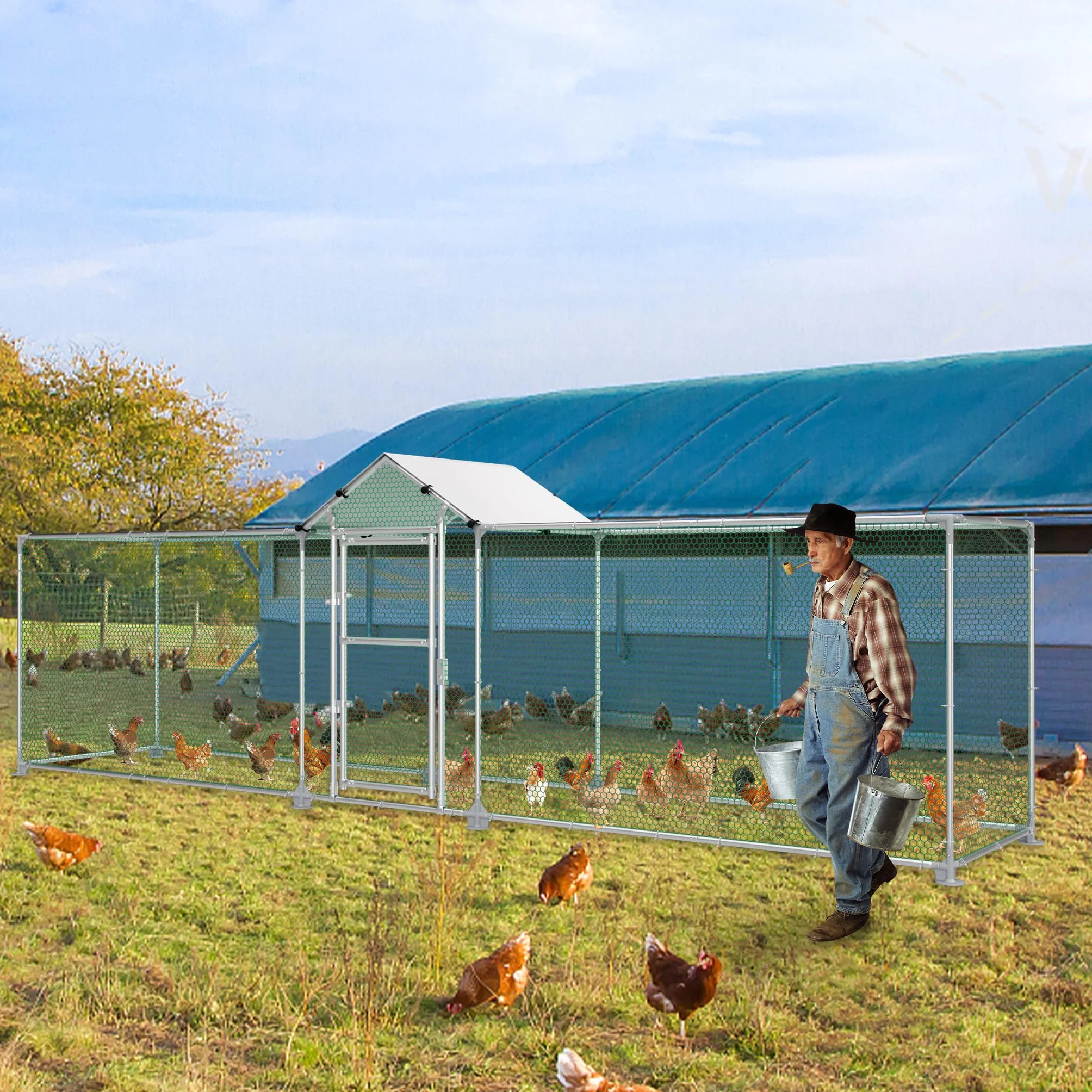 FIVMEN Recinto para gallinas de metal 5 x 1 m con protección solar techo puerta y cerrojo