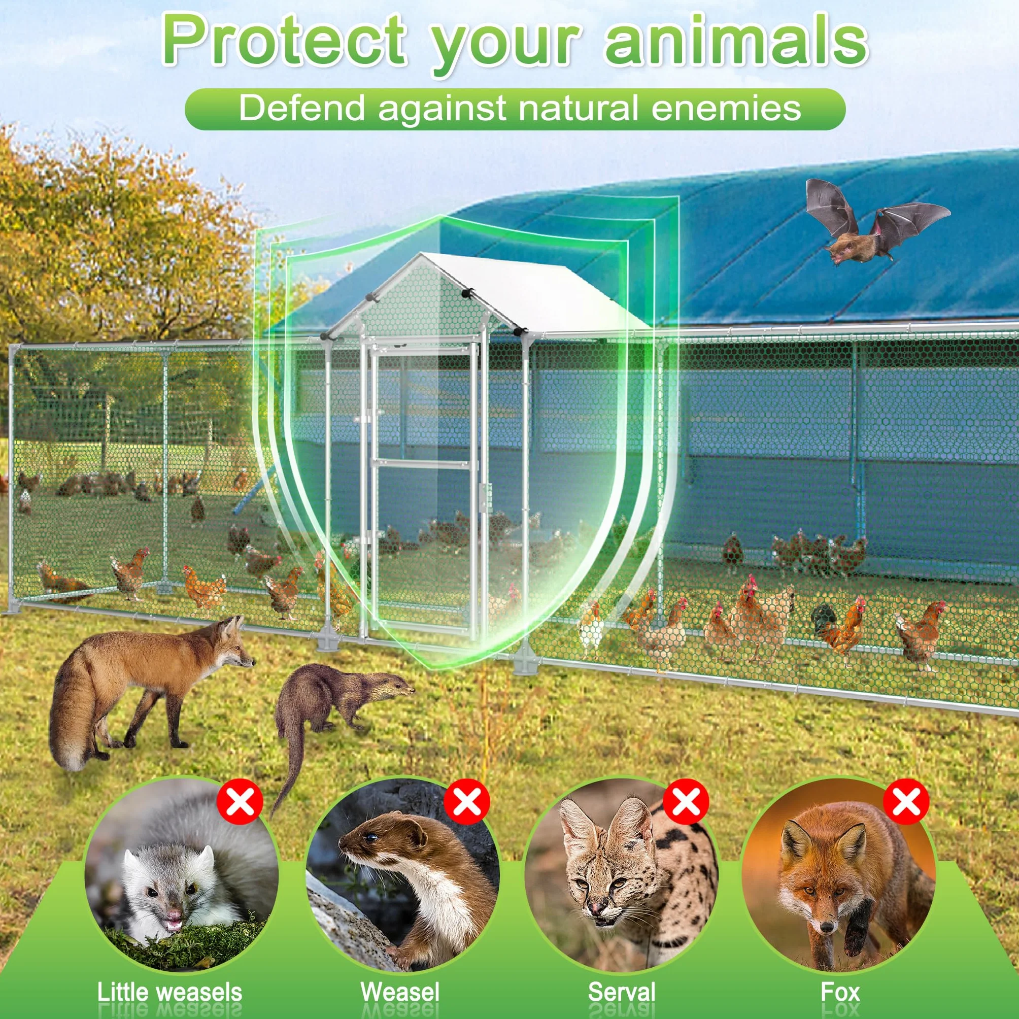 FIVMEN Recinto para gallinas de metal 5 x 1 m con protección solar techo puerta y cerrojo