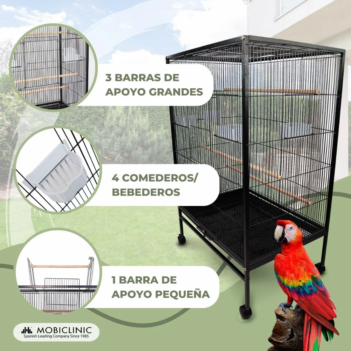 Mobiclinic®, Jaula de Pájaros, XL, con Ruedas, Frenos, Apertura Superior, Bandeja Extraíble, 8 Puertas, Grande, 95x43x61.5 cm, Comederos, Bebederos, Perchas Descanso, Agapornis, Loros, NINFA