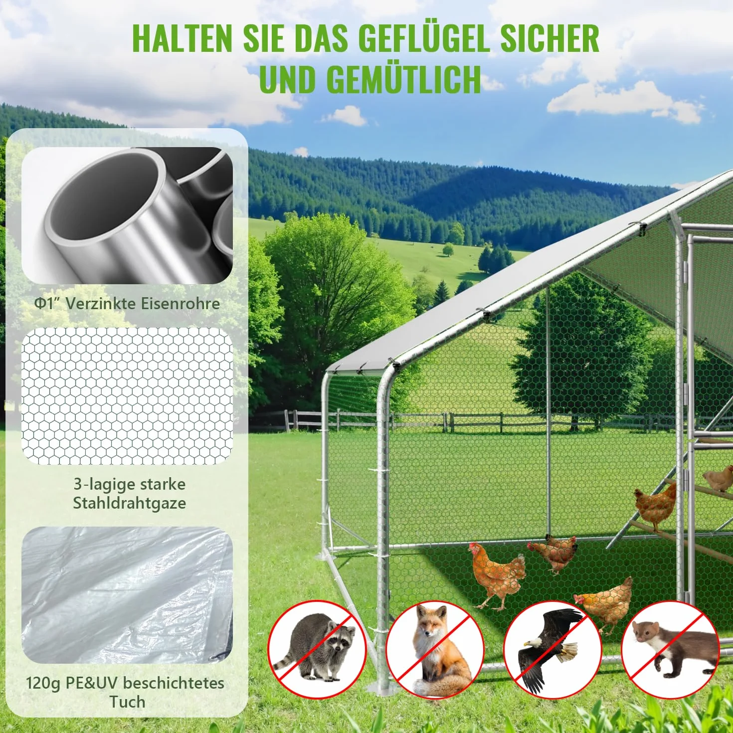 Gallinero grande de metal 3x2x2 m con cubierta de techo, para jardín, resistente a la intemperie, para 6-10 gallinas