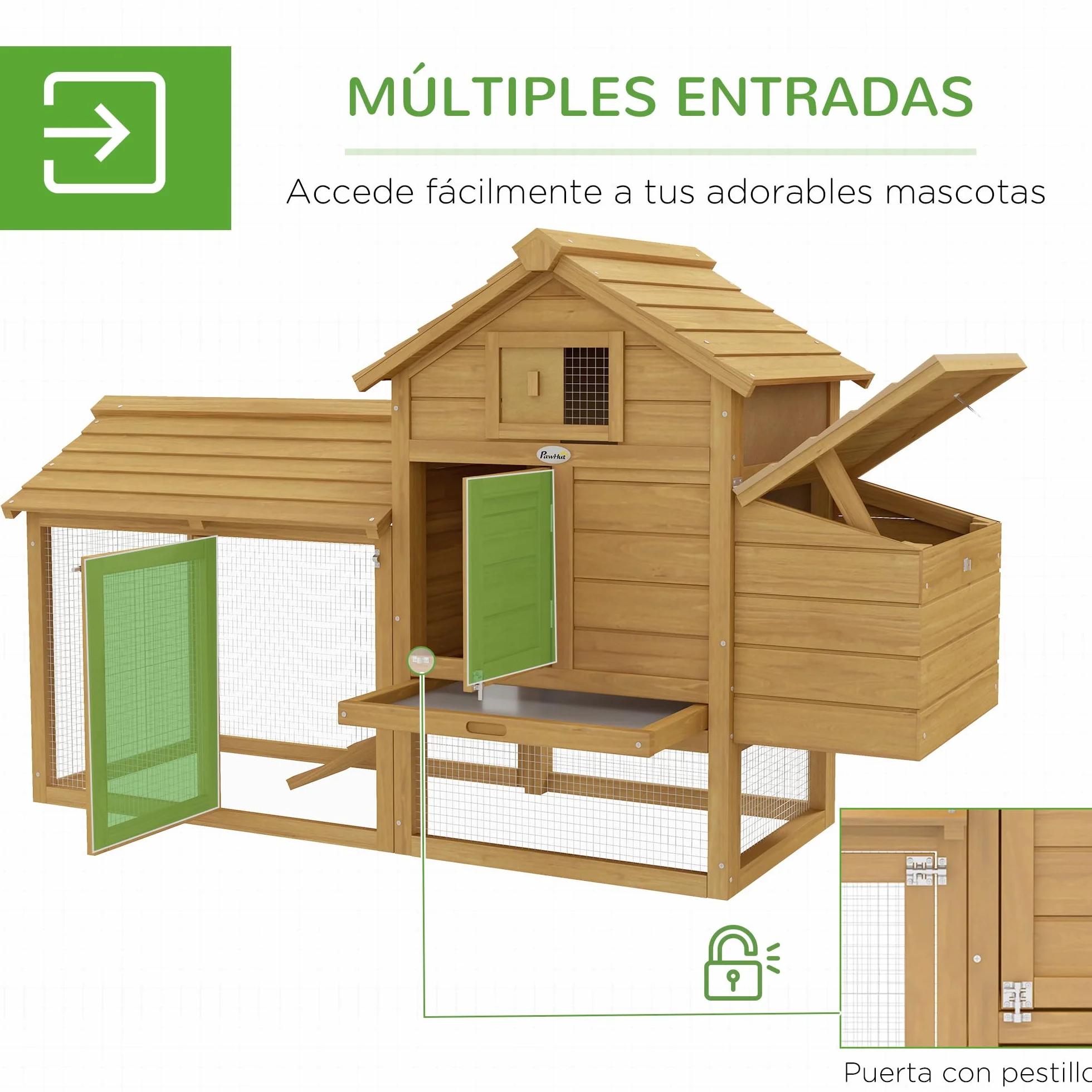 PawHut Gallinero de Madera para Exterior XXL con 2 Corrales, Caja Nido, Bandeja Extraíble 151,5x54x87 cm
