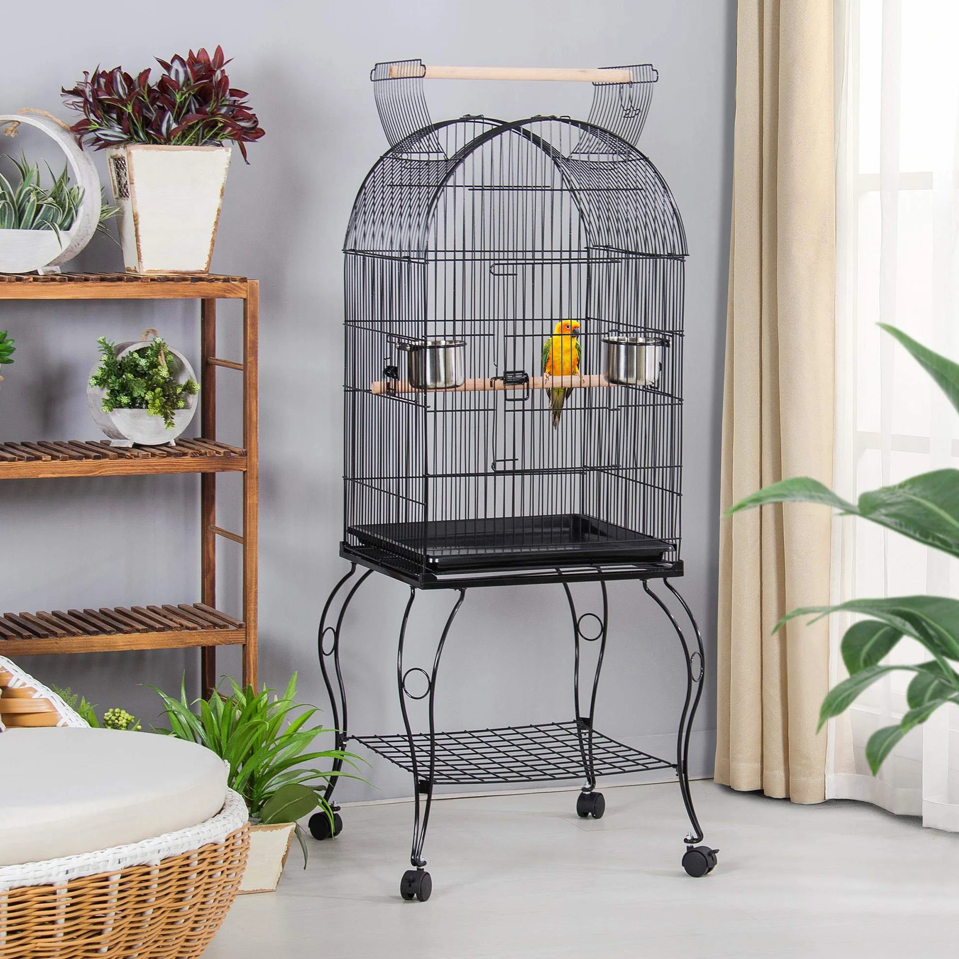 Yaheetech Jaula de Pájaros Jaula con Ruedas Jaula para Loros Canarios Jaula con Perchas para Pájaros 59 x 59 x 150 cm - Metal - Negro