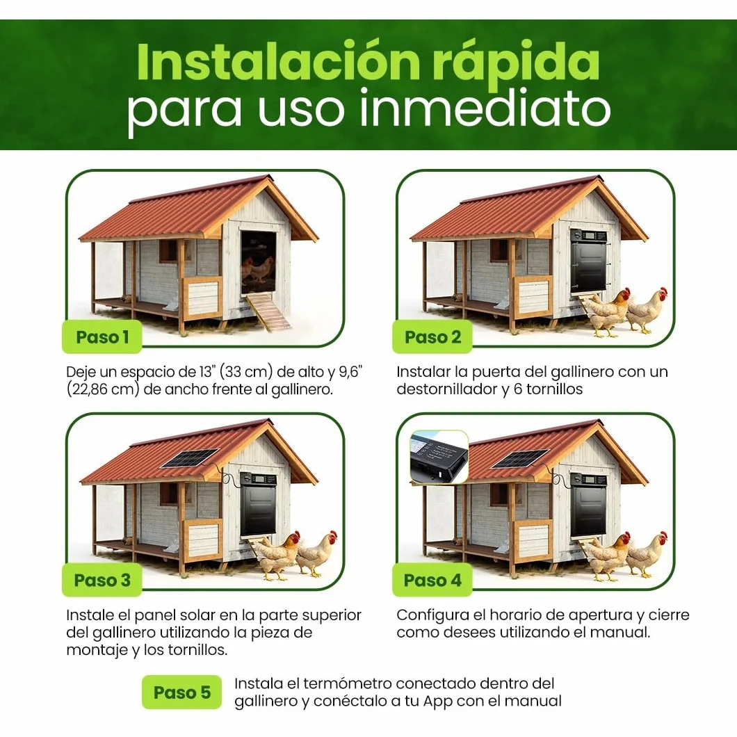 Puerta gallinero automatica Solar con batería 5000 mAh, Mando a Distancia, Aluminio Resistente, 7 Modos Apertura, Impermeable IP45, Alarma integrada y termómetro/higrómetro Conectado