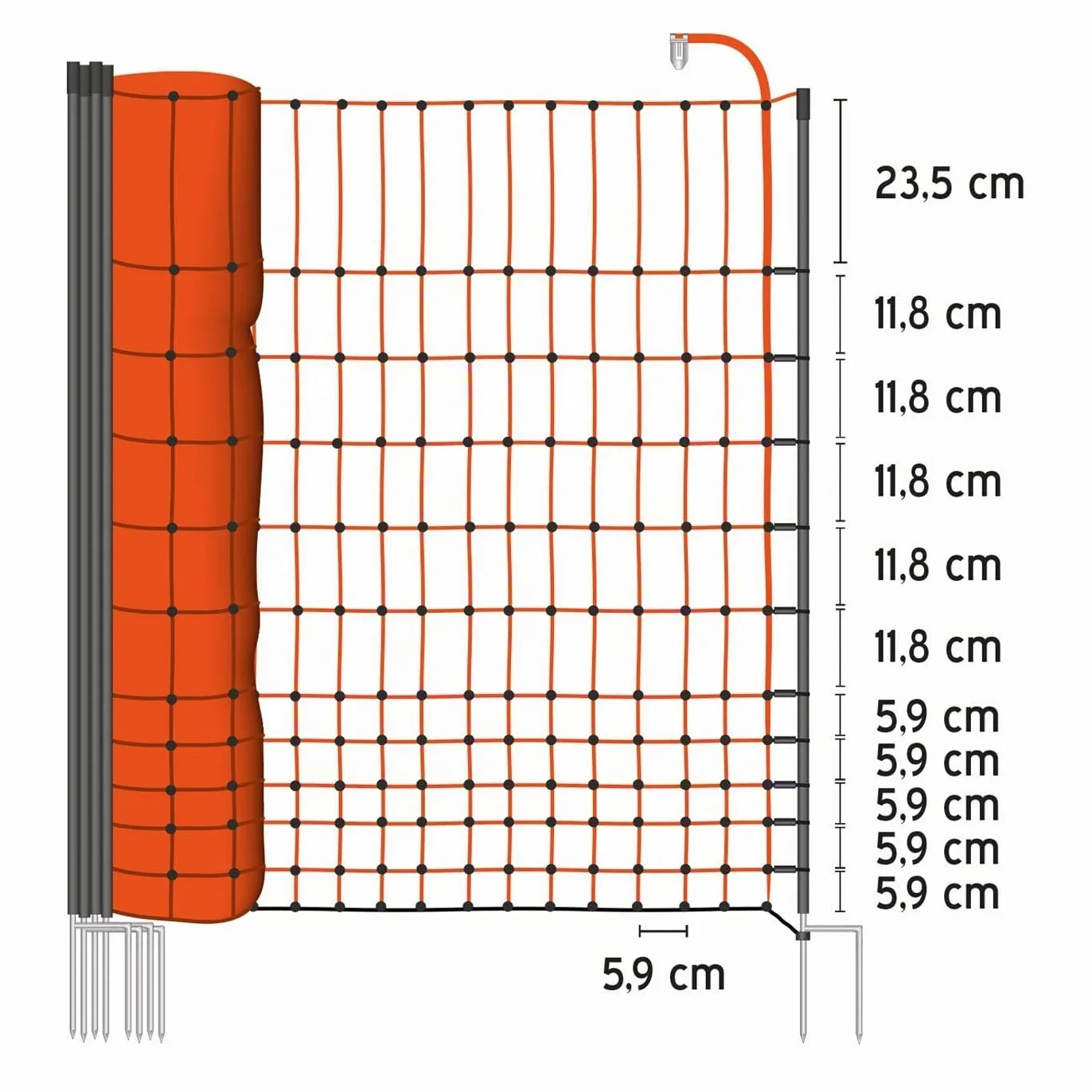 VOSS.farming Malla eléctrica para gallinas y Animales domésticos, Rollo de 50m de Longitud y 112cm de Altura, 16 Postes con Punta Doble y Kit de reparación