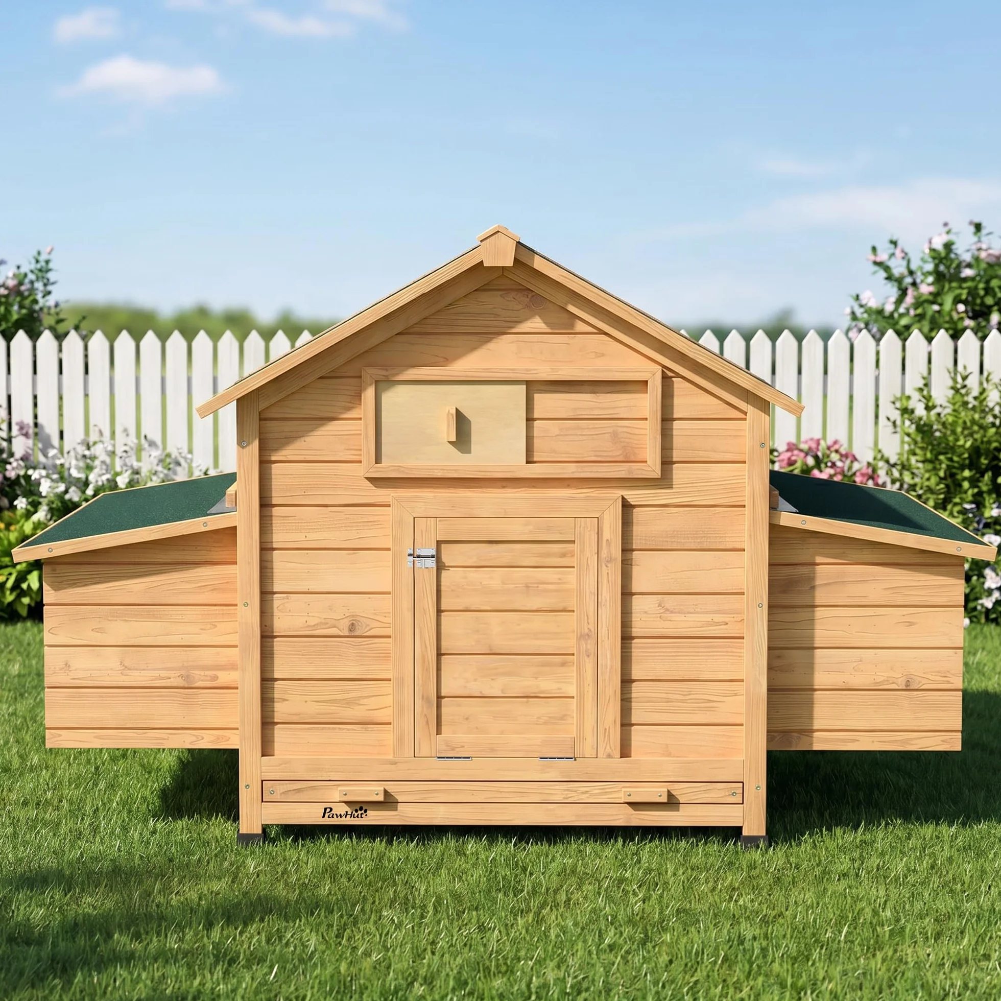 PawHut Gallinero de Madera para Exterior, 2 Nidos, Bandeja Extraíble, Techo Impermeable, 150x100x96,5 cm, Amarillo
