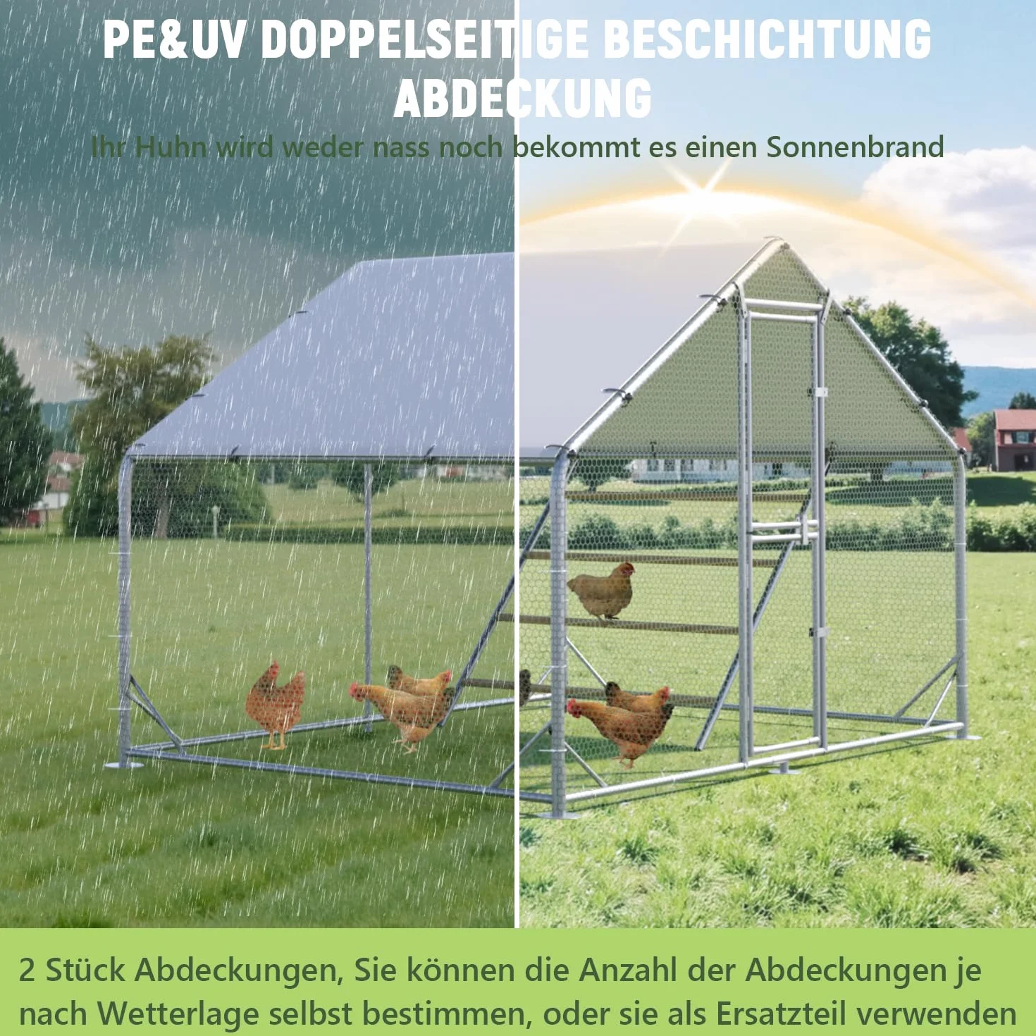 Gallinero grande de metal 3x2x2 m con cubierta de techo, para jardín, resistente a la intemperie, para 6-10 gallinas