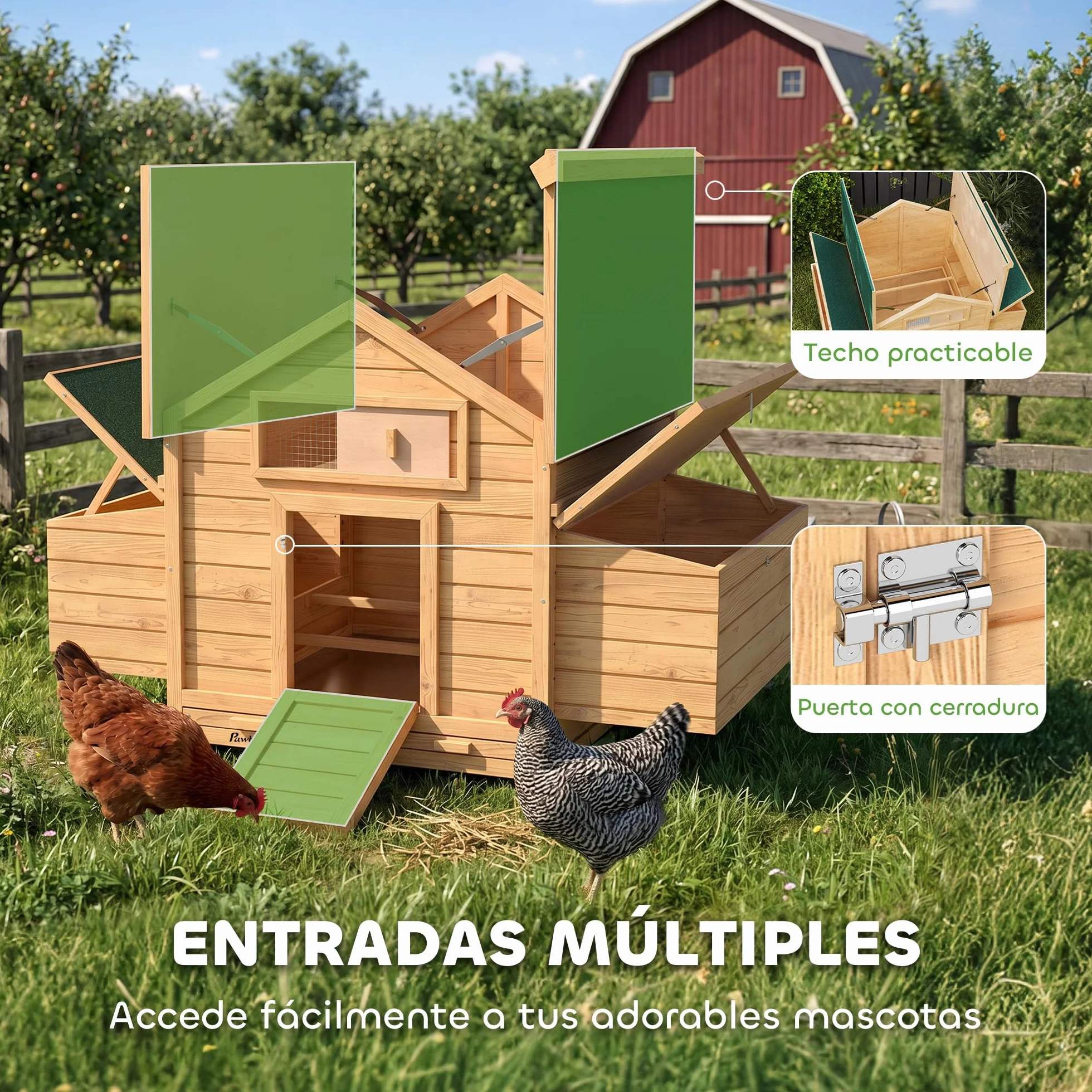 PawHut Gallinero de Madera para Exterior, 2 Nidos, Bandeja Extraíble, Techo Impermeable, 150x100x96,5 cm, Amarillo